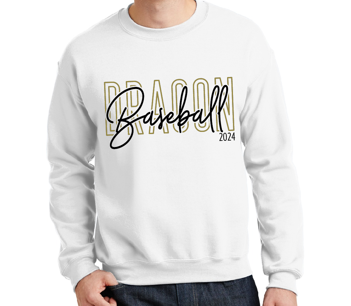 DRAGON Baseball {block and script font} WHITE tee, crewneck, or hoodie