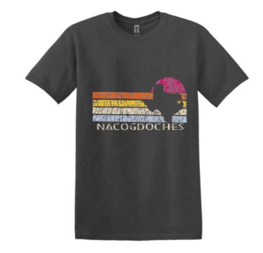 Nacogdoches Sunset on charcoal or deep red tee or crewneck
