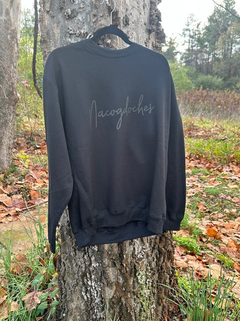 Nacogdoches script black puff vinyl on crewneck *black on black*