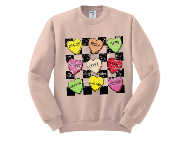 Checkerboard Conversation Hearts tee in white or hot pink