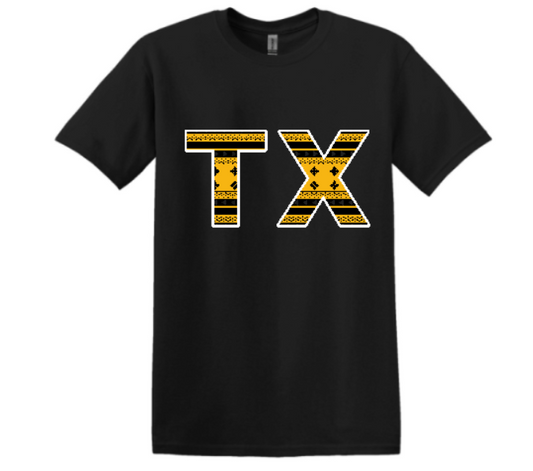 Black and Gold Aztec TX on black, grey, or white tee or crewneck