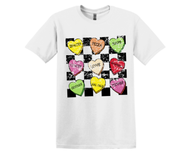 Checkerboard Conversation Hearts tee in white or hot pink