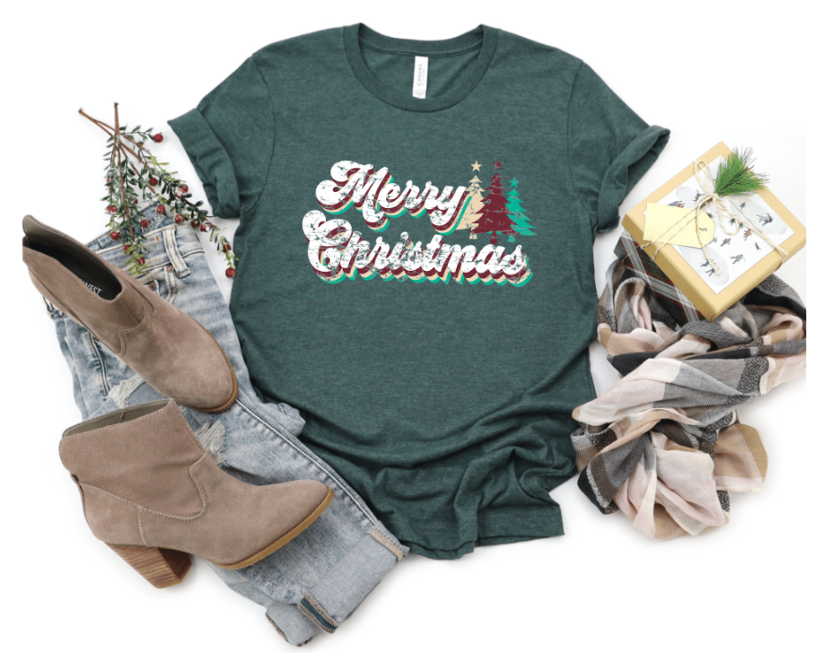 Groovy Merry Christmas on forest Bella Canvas tee