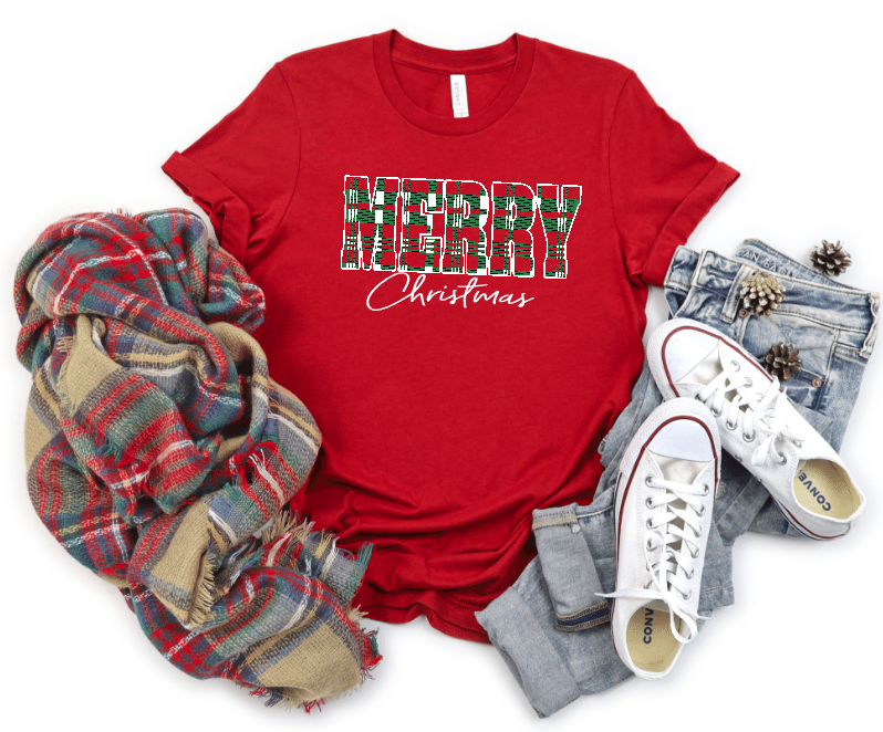 Merry Plaid red Bela Canvas tee